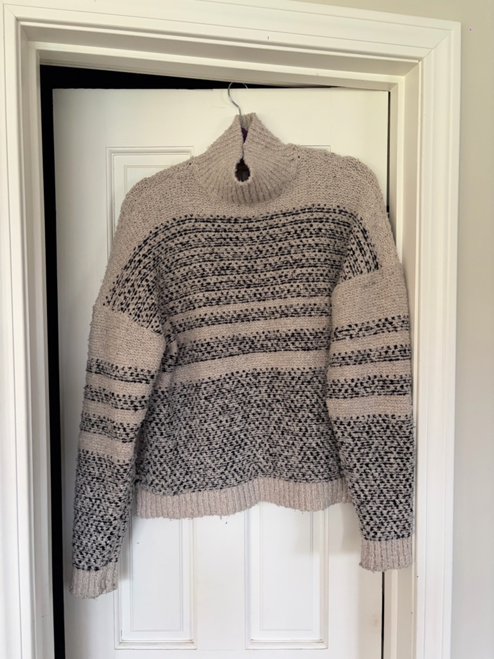 Polagram Beige and Black Striped Keyhole Turtleneck Sweater